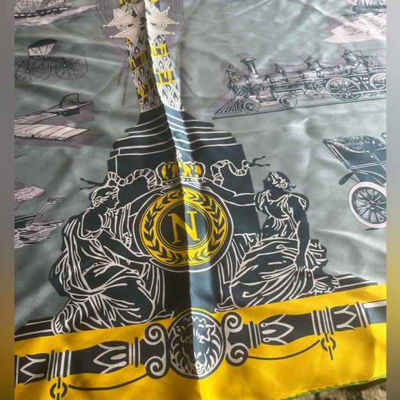 Ba Shidi 100% Silk Scarf Automobile Motif Silk Woven Design Yellow Gray Chinese - Picture 6 of 9